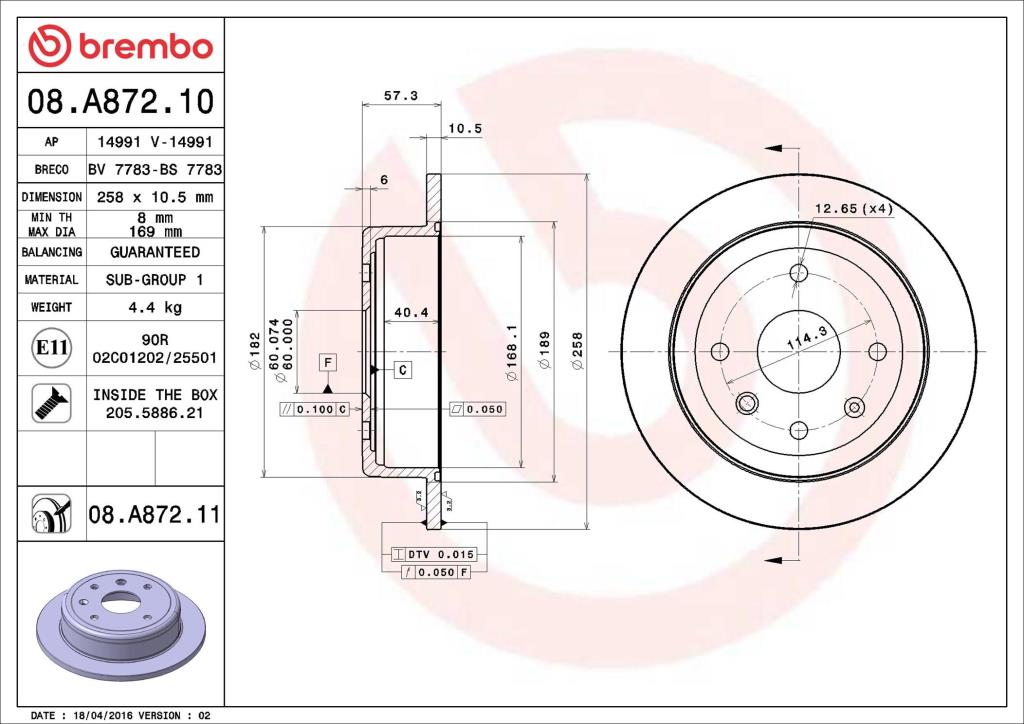 Disques de frein BREMBO 08.A872.11