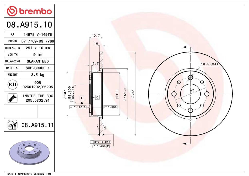Disques de frein BREMBO 08.A915.11