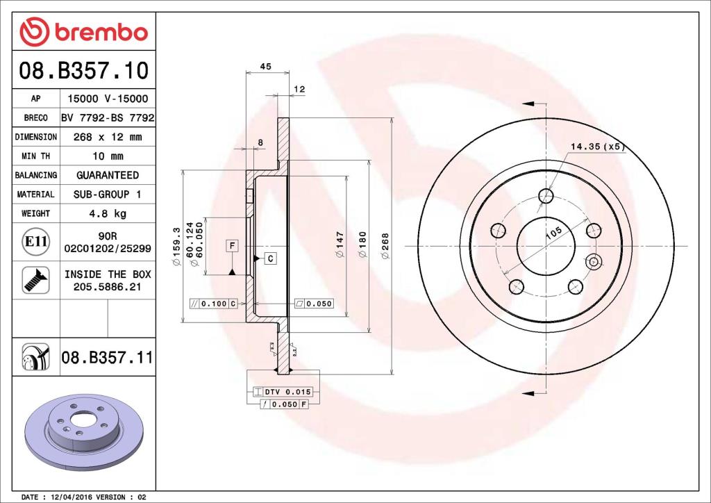 Disques de frein BREMBO ref. 08.B357.11