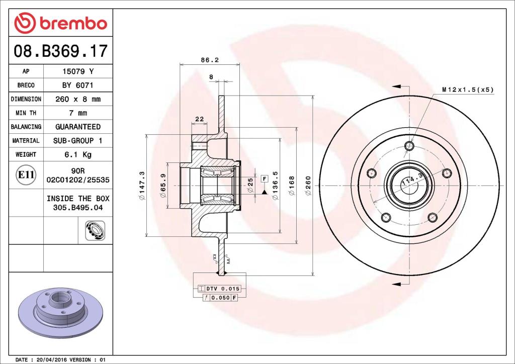 Disques de frein BREMBO ref. 08.B369.17