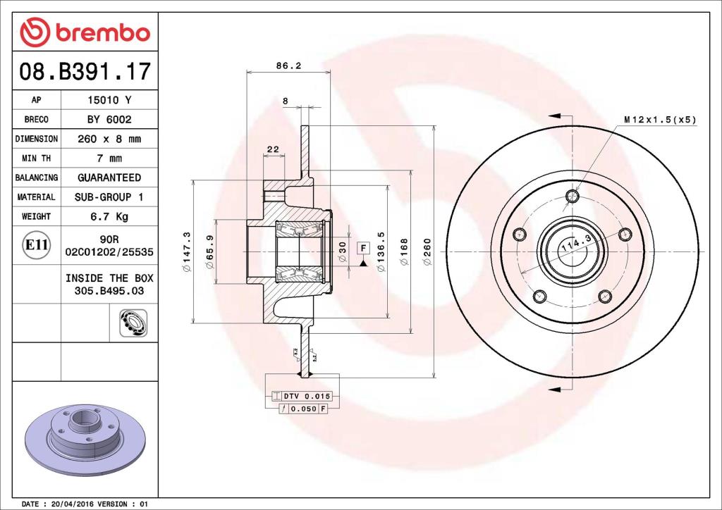 Disques de frein BREMBO ref. 08.B391.17