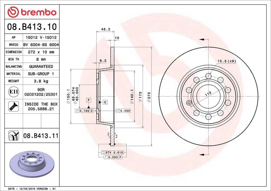 Disques de frein BREMBO ref. 08.B413.11