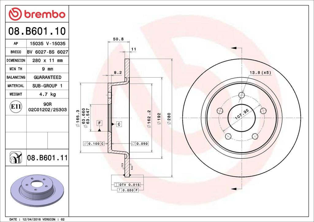 Disques de frein BREMBO ref. 08.B601.10