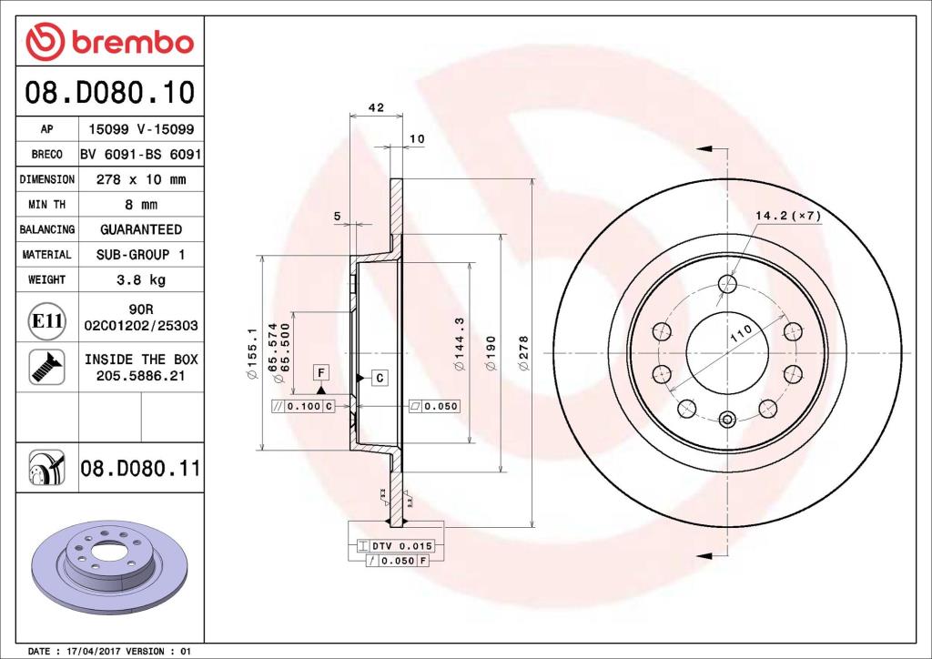 Disques de frein BREMBO ref. 08.D080.11