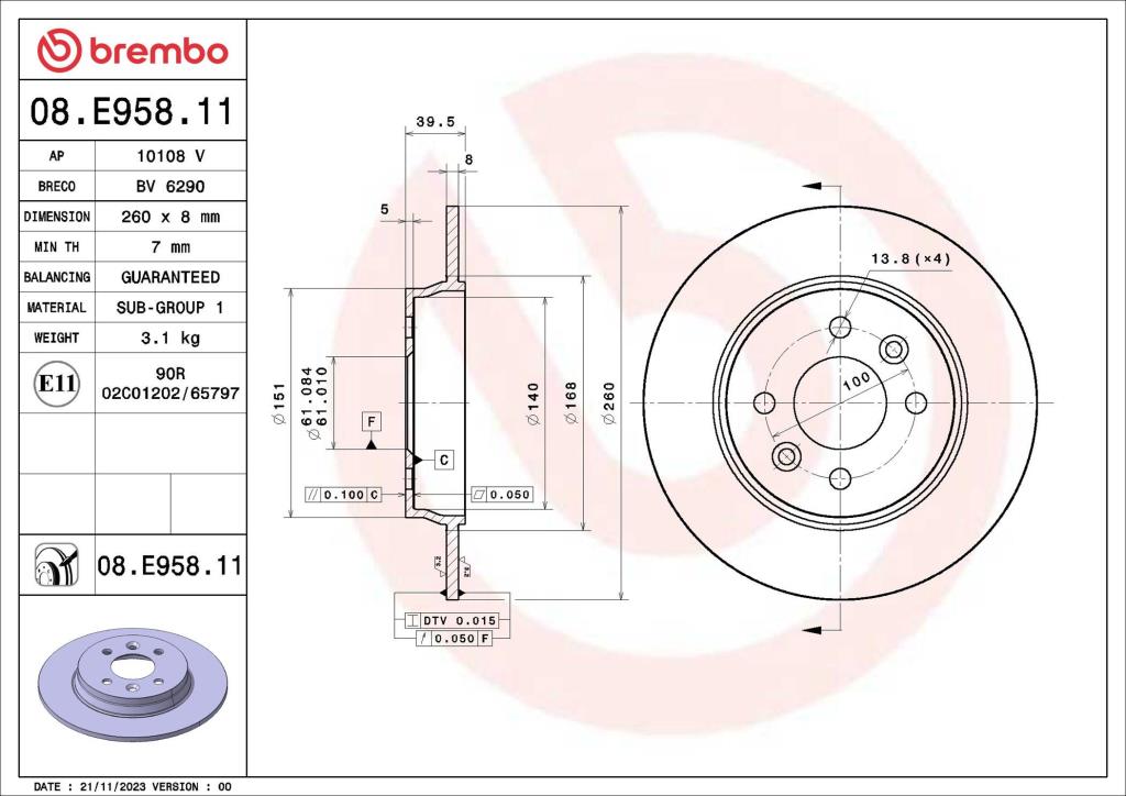 Disques de frein BREMBO ref. 08.E958.11