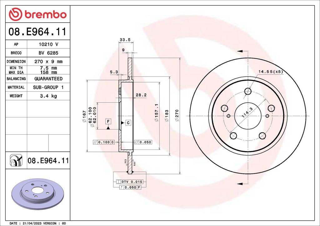 Disques de frein BREMBO ref. 08.E964.11
