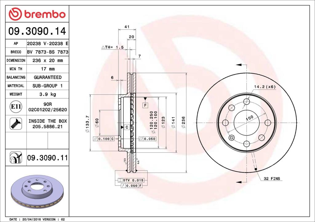 Disques de frein BREMBO ref. 09.3090.11