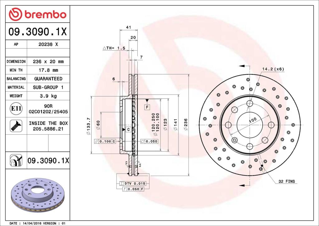 Disques de frein BREMBO ref. 09.3090.1X