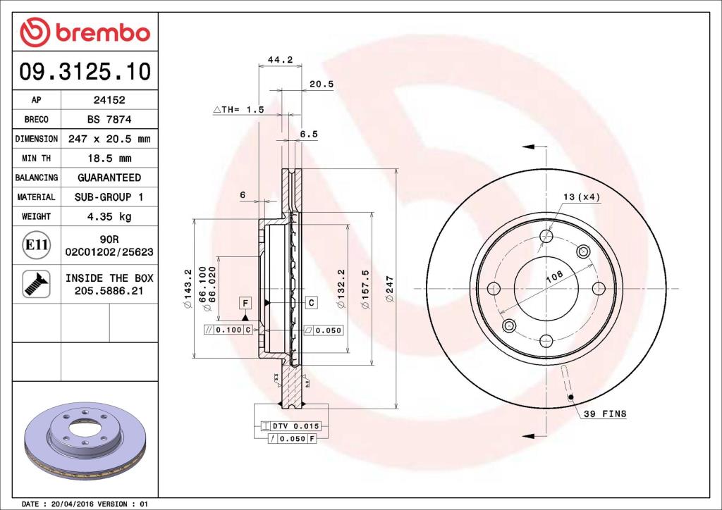 Disques de frein BREMBO 09.3125.10
