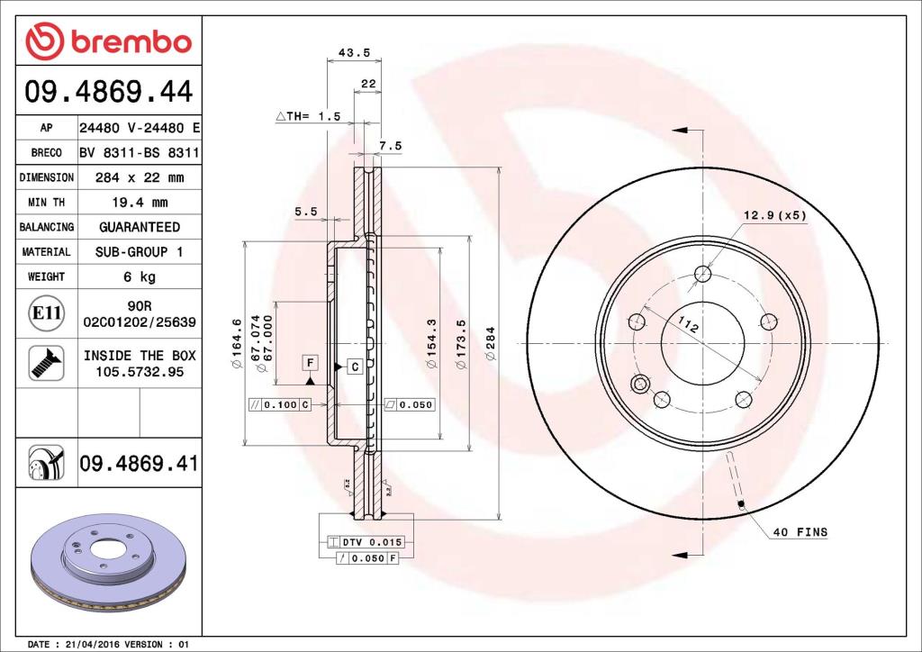 Disques de frein BREMBO 09.4869.41
