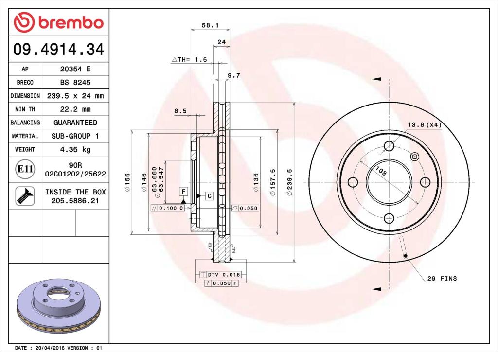 Disques de frein BREMBO ref. 09.4914.34