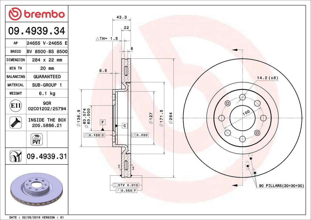 Disques de frein BREMBO ref. 09.4939.31