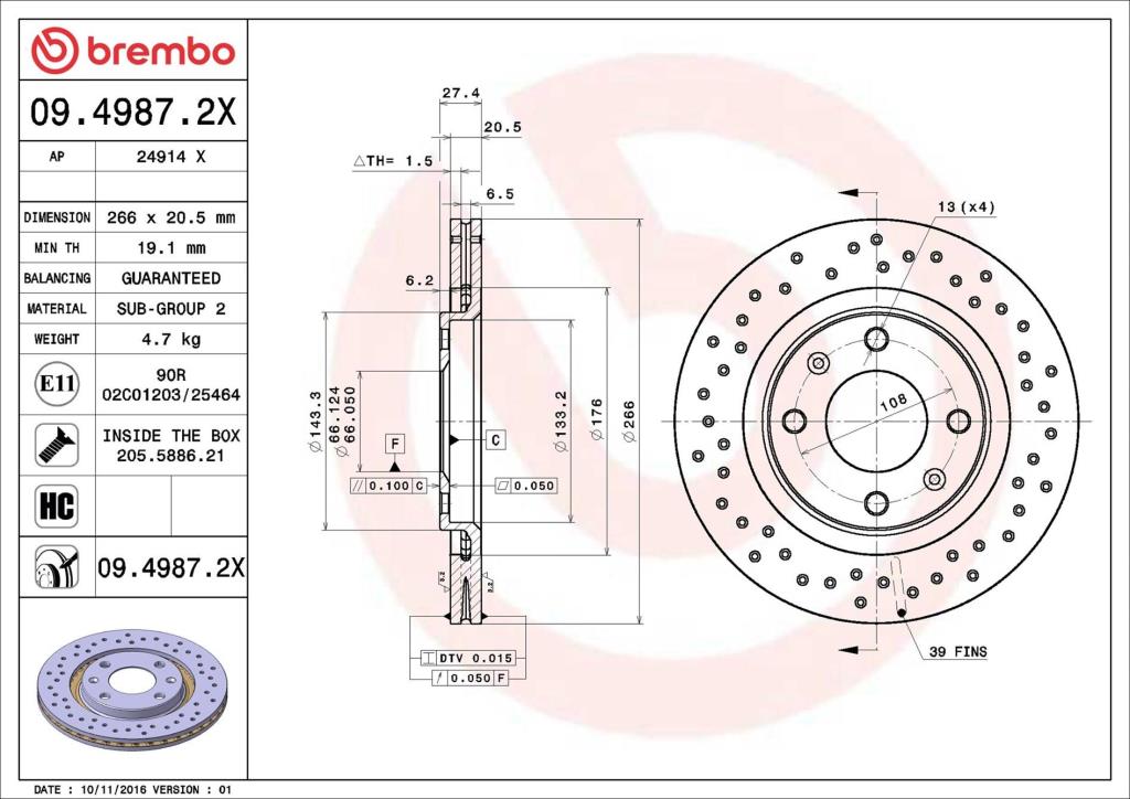 Disques de frein BREMBO ref. 09.4987.2X