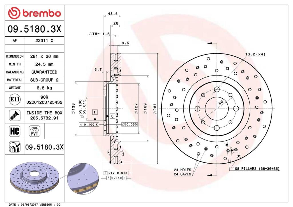 Discos de travão BREMBO ref. 09.5180.3X