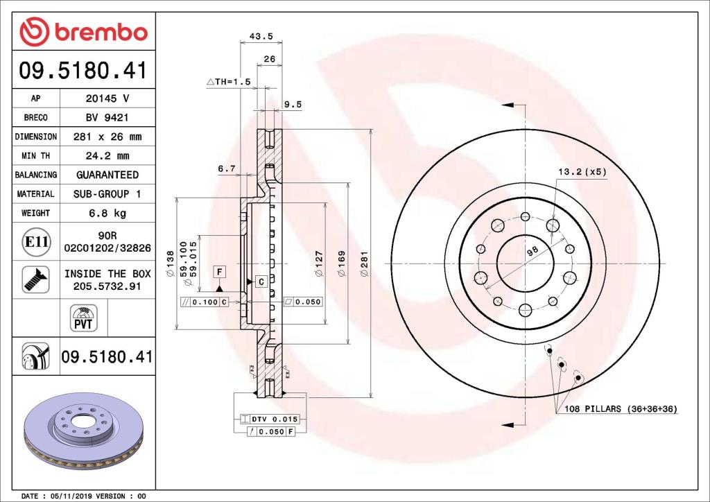 Disques de frein BREMBO 09.5180.41