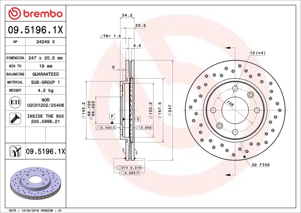 Disques de frein BREMBO 09.5196.1X