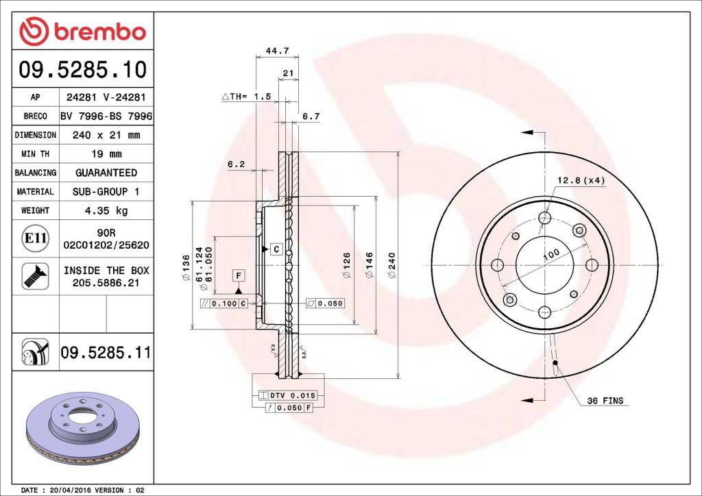 Disques de frein BREMBO 09.5285.11
