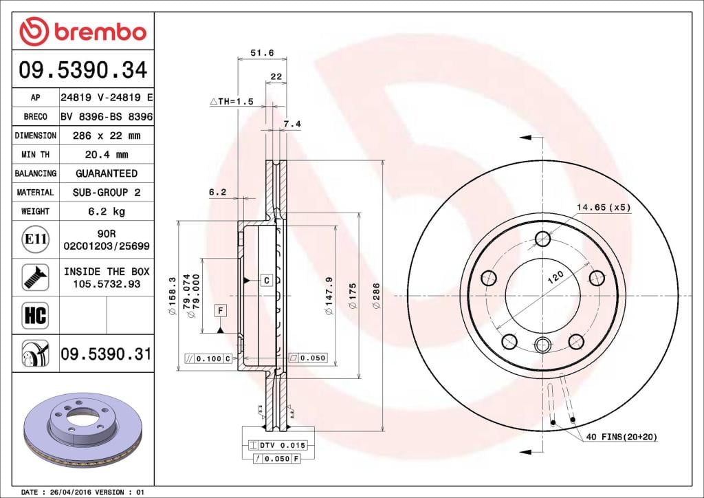 Disques de frein BREMBO 09.5390.31