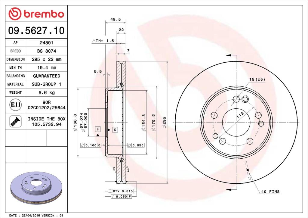 Disques de frein BREMBO 09.5627.10