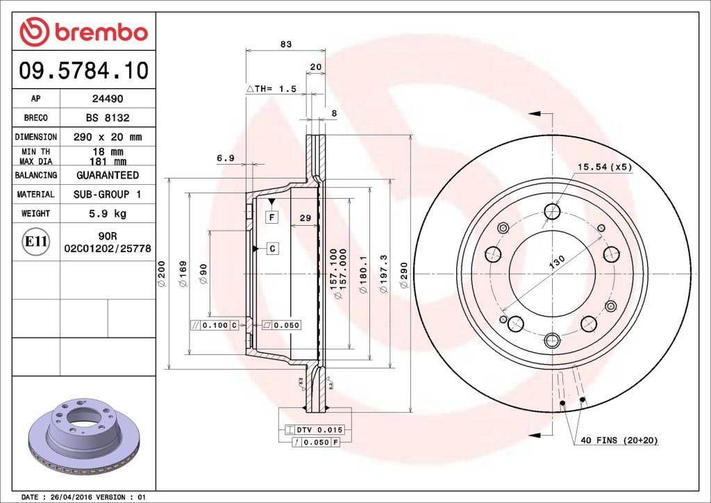 Disques de frein BREMBO ref. 09.5784.10