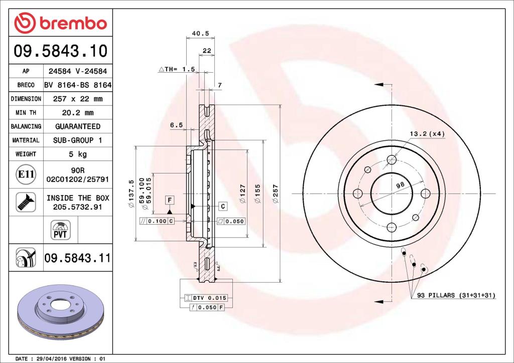 Disques de frein BREMBO ref. 09.5843.11