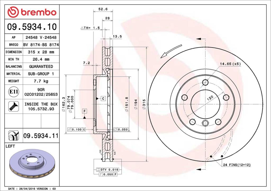 Disque de frein avant gauche BREMBO ref. 09.5934.11