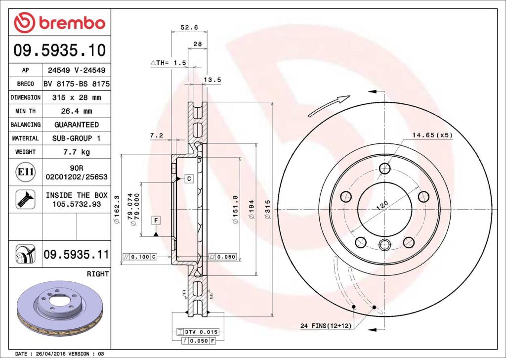 Disco de travão dianteiro direito BREMBO ref. 09.5935.11