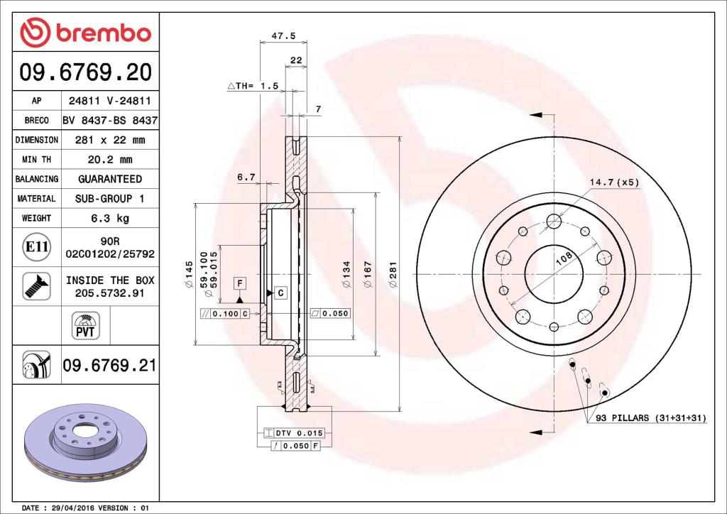 Disques de frein BREMBO ref. 09.6769.21