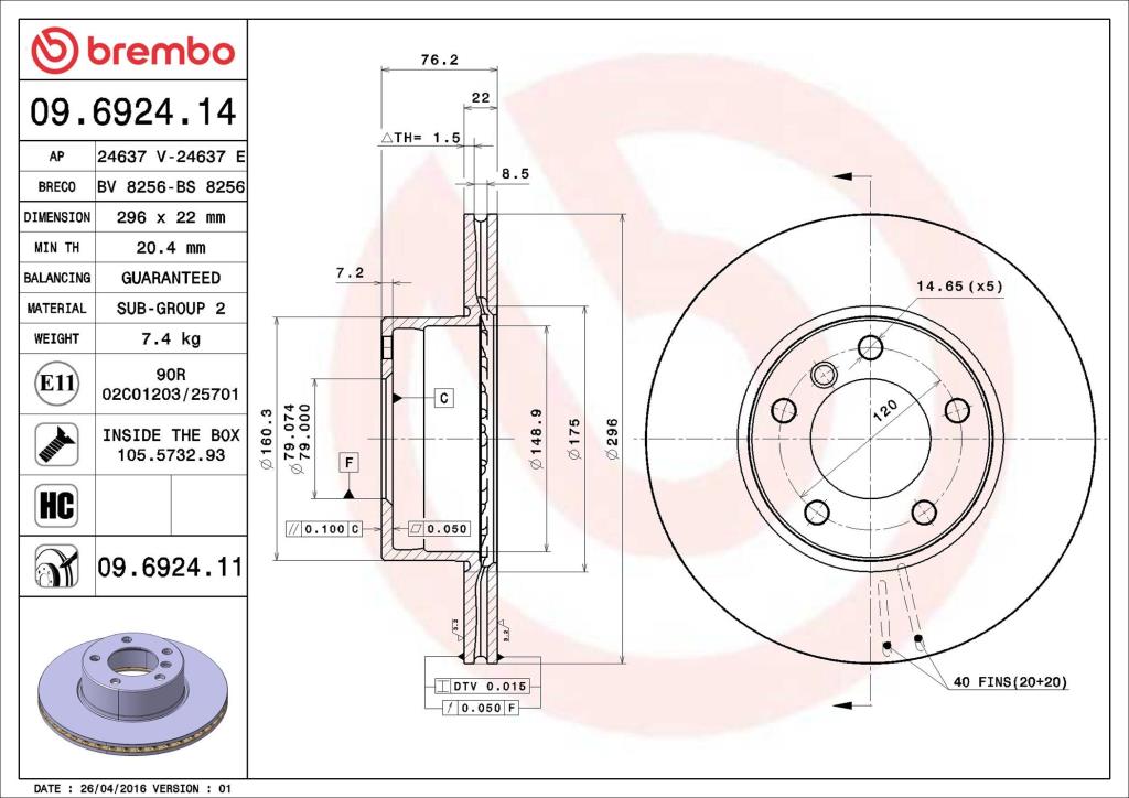 Disques de frein BREMBO ref. 09.6924.11
