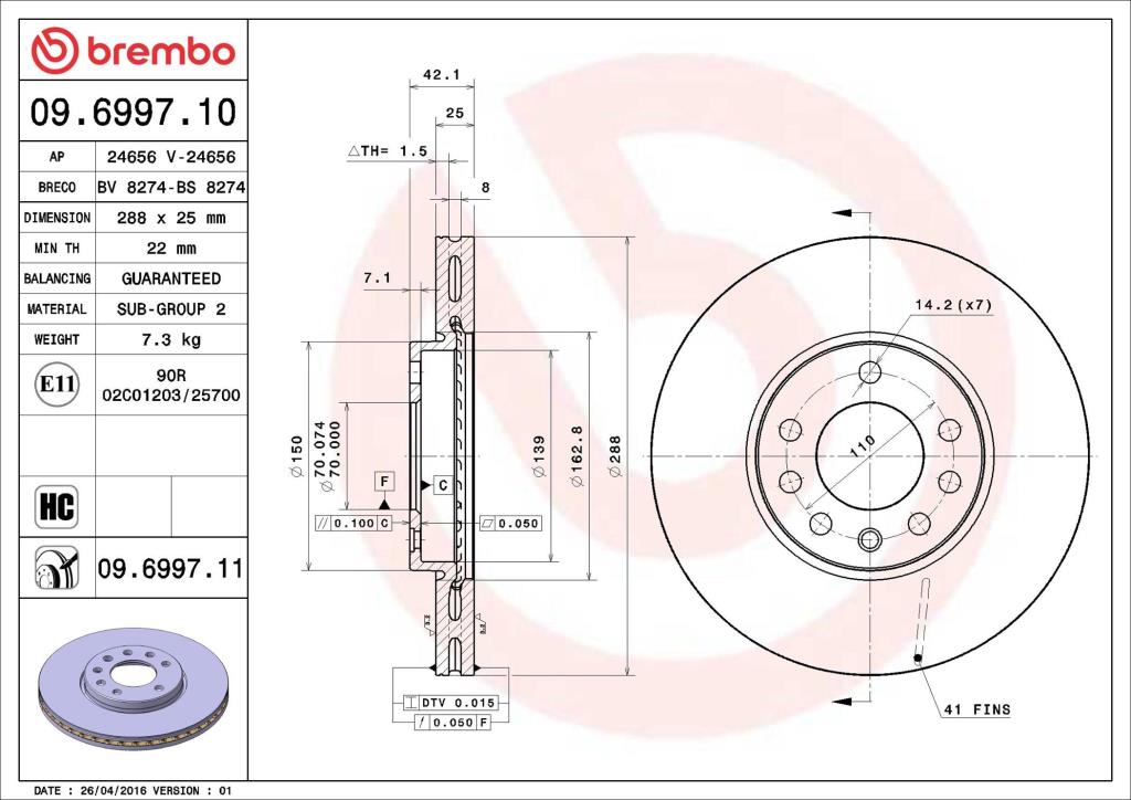 Discos de travão BREMBO ref. 09.6997.11