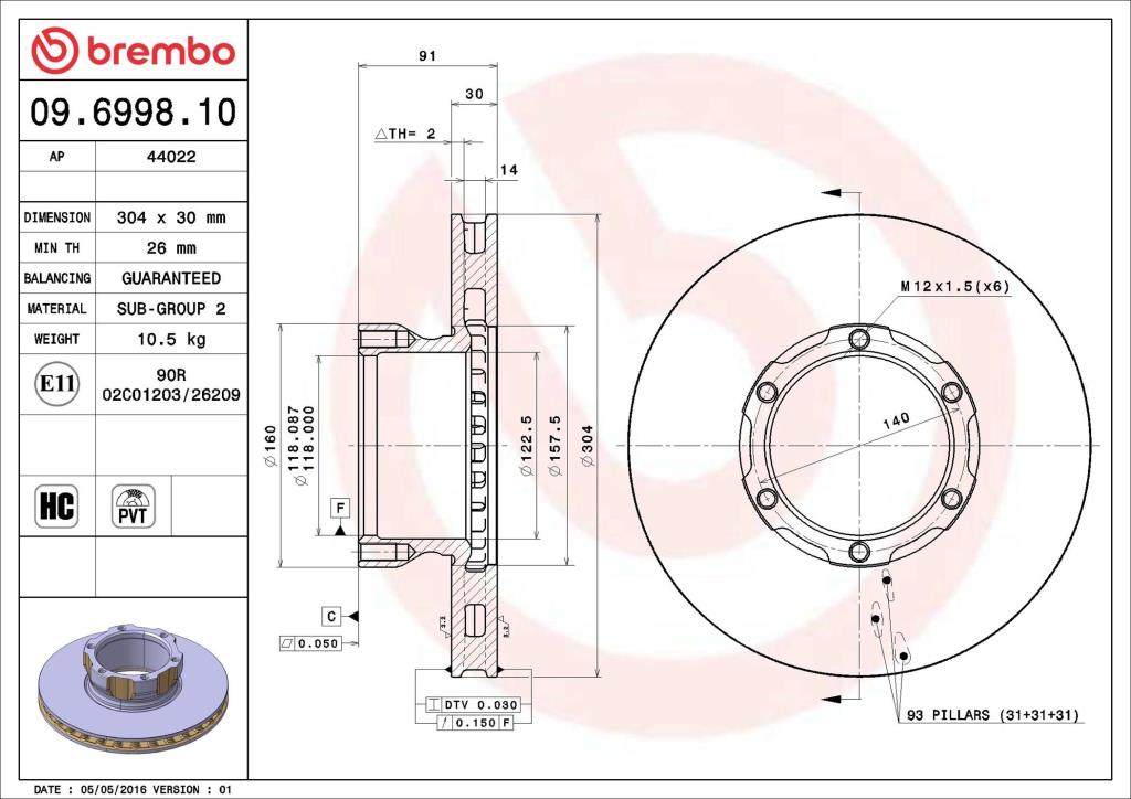 Discos de travão BREMBO 09.6998.10