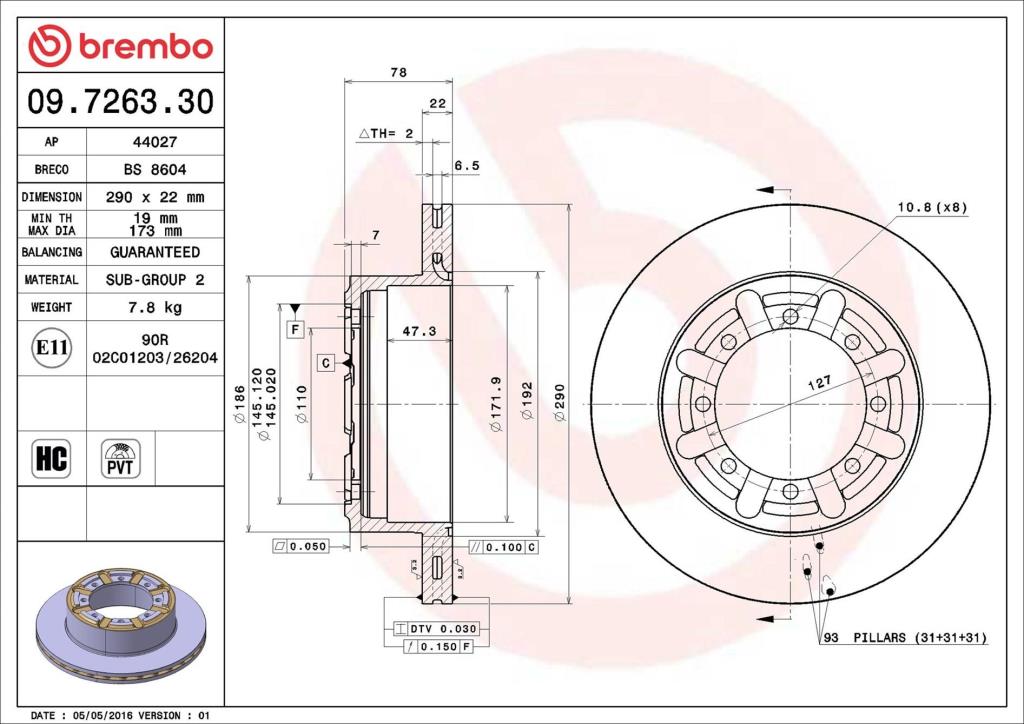 Disques de frein BREMBO ref. 09.7263.30