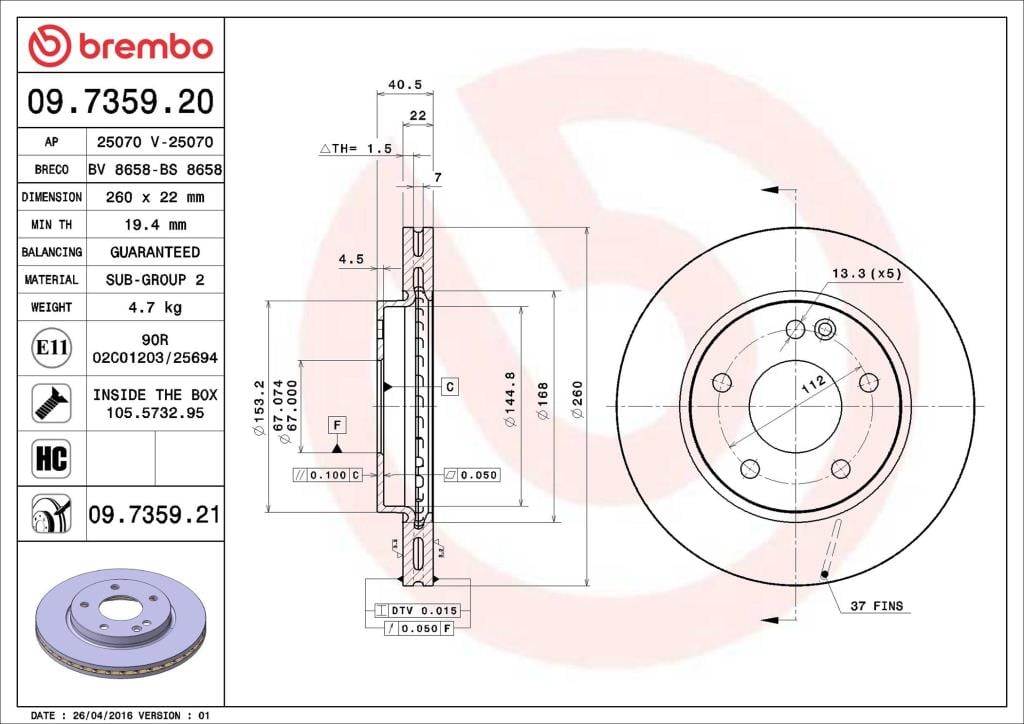 Disques de frein BREMBO 09.7359.21