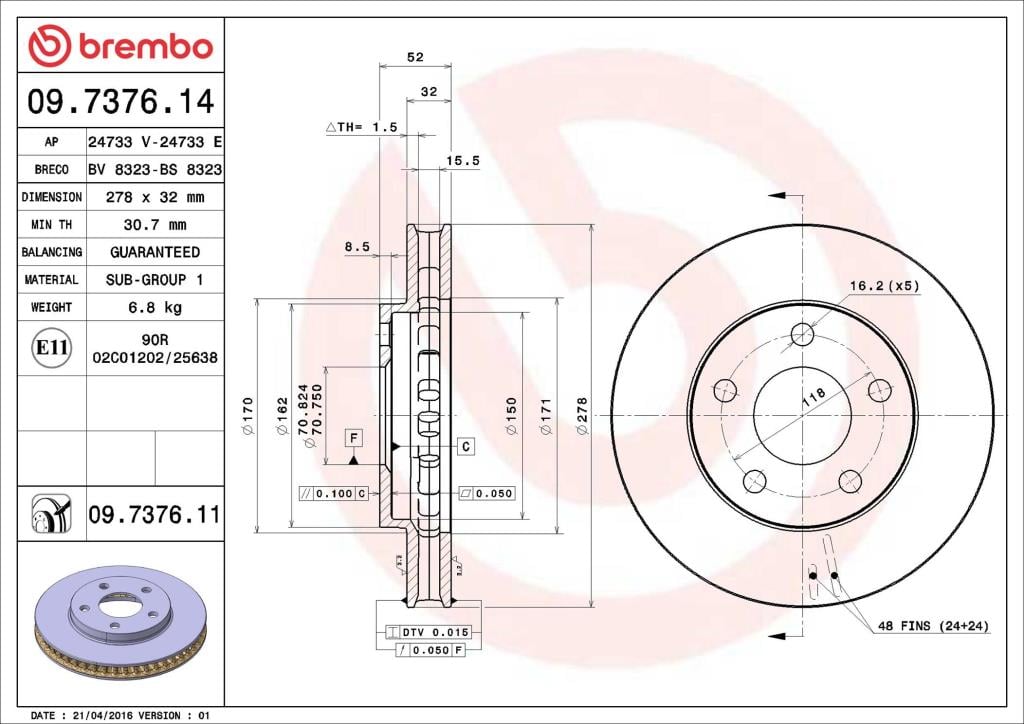 Disques de frein BREMBO ref. 09.7376.11