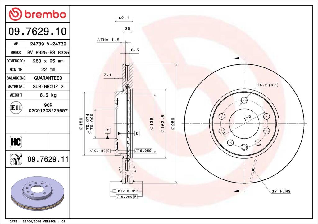 Discos de freno BREMBO ref. 09.7629.10