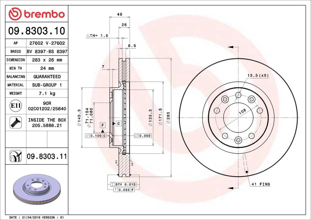Disques de frein BREMBO ref. 09.8303.10