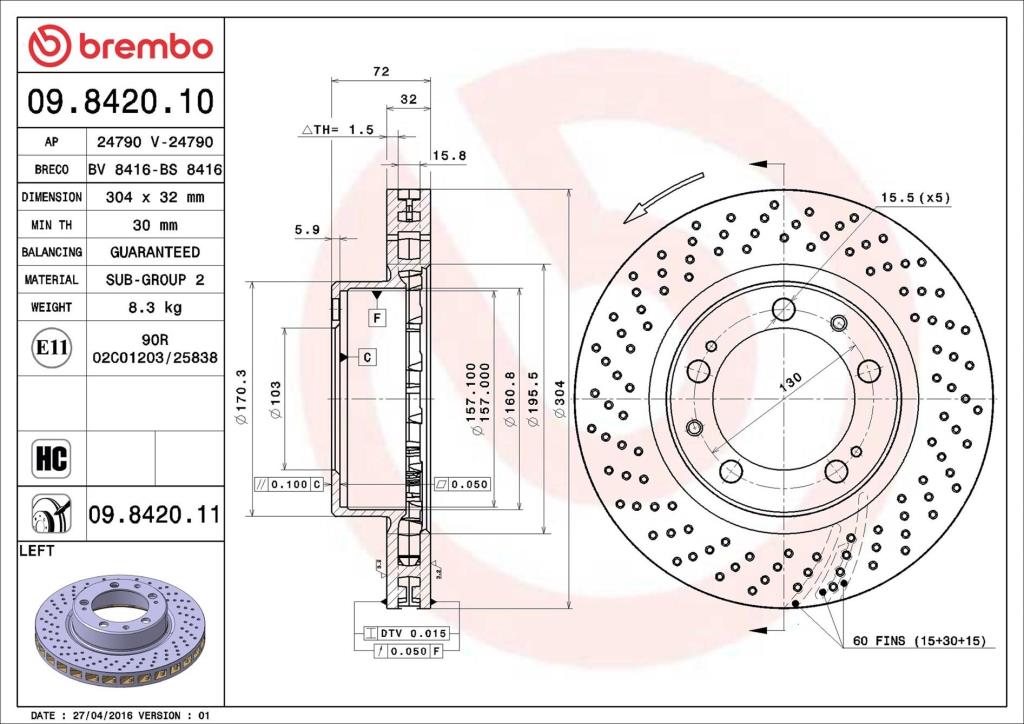 Disque de frein avant gauche BREMBO ref. 09.8420.11