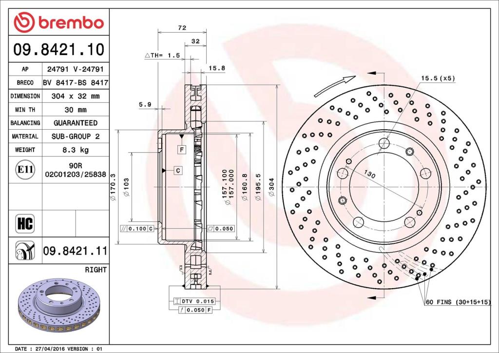Disco de travão dianteiro direito BREMBO ref. 09.8421.11