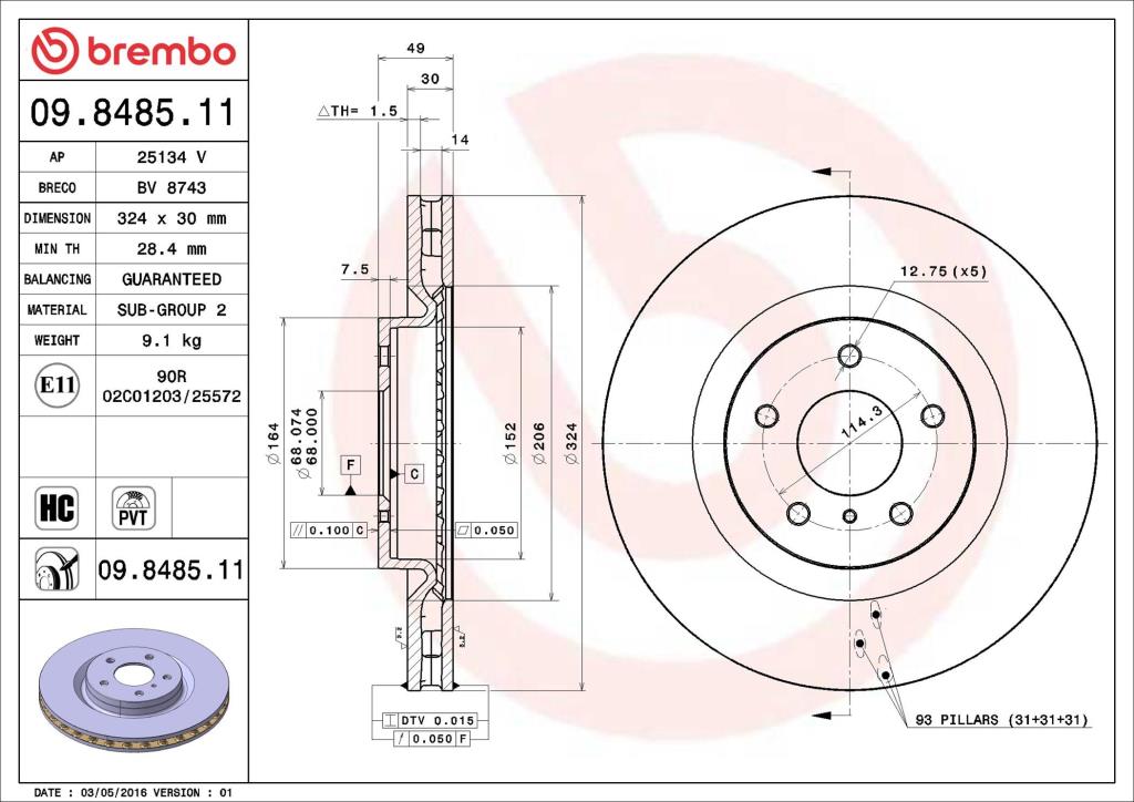 Disques de frein BREMBO 09.8485.11