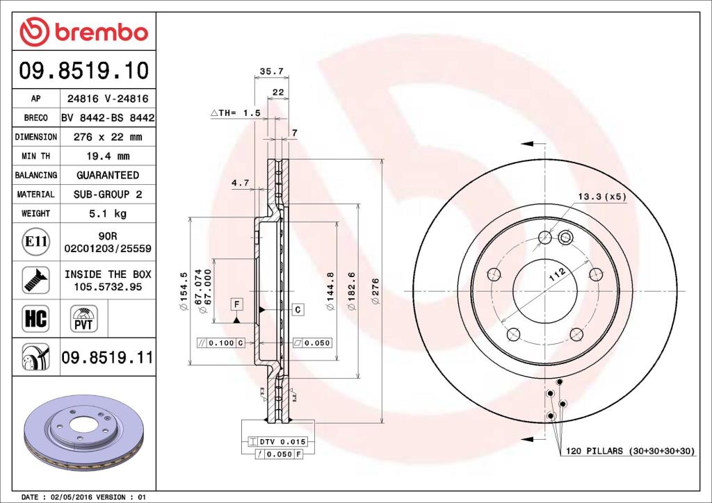 Disques de frein BREMBO 09.8519.11