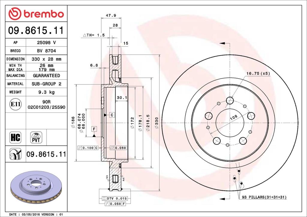 Disques de frein BREMBO ref. 09.8615.11