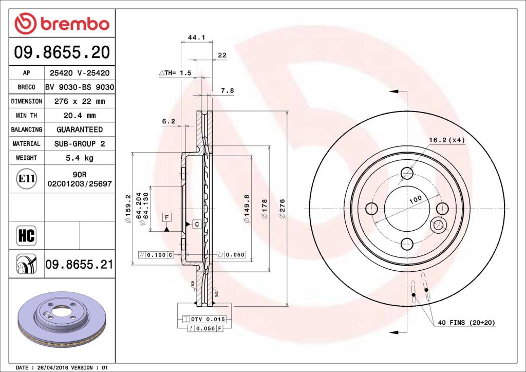 Disques de frein BREMBO 09.8655.21