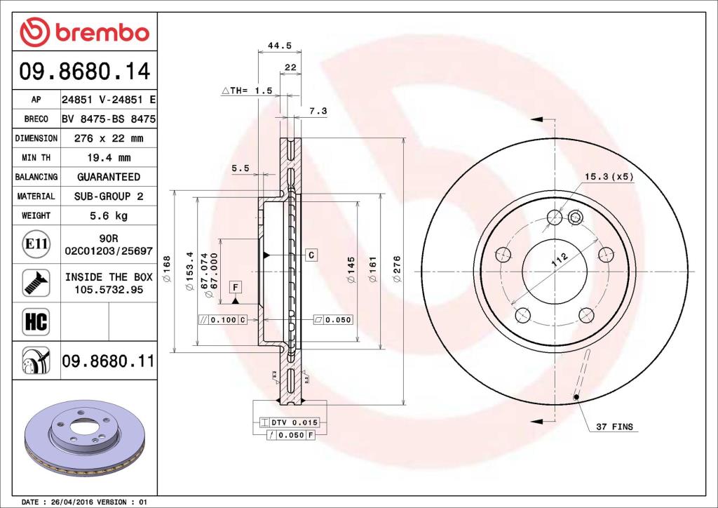 Brembo Dischi Freno Anteriore UV - Set Di 2, Verniciatura Resistente, Diametro 276mm - Foto 10
