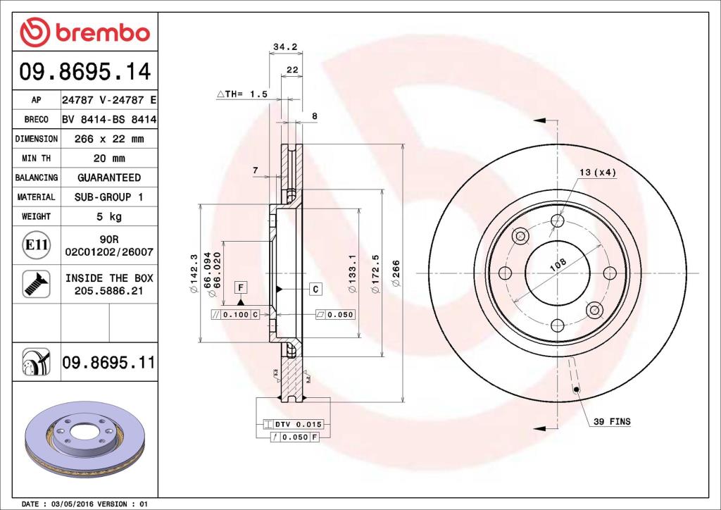 Disques de frein BREMBO ref. 09.8695.11