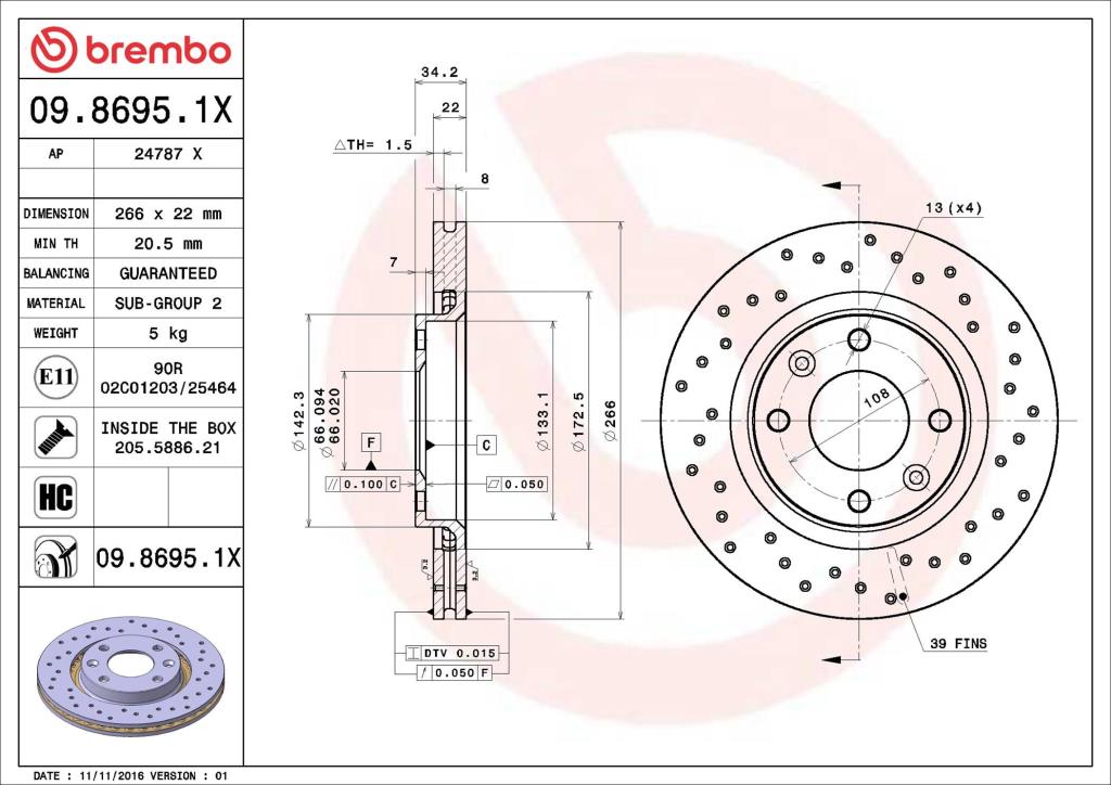 Disques de frein BREMBO ref. 09.8695.1X