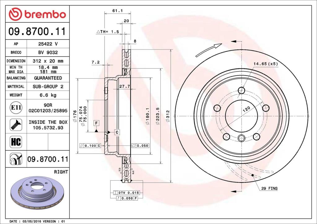 Disco de travão traseiro direito BREMBO ref. 09.8700.11