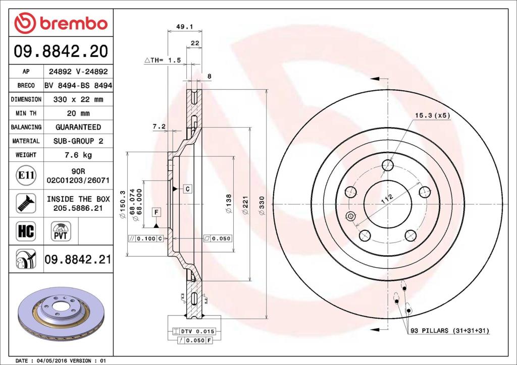 Disques de frein BREMBO ref. 09.8842.21