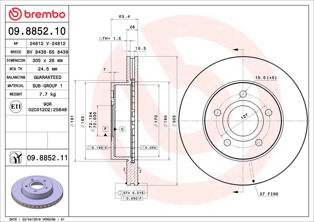 Disques de frein BREMBO 09.8852.11