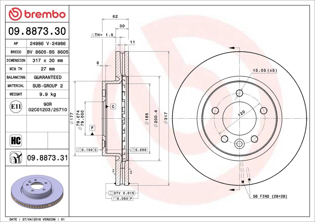 Disques de frein BREMBO ref. 09.8873.31