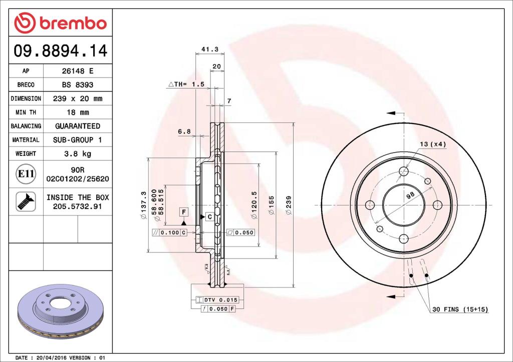 Discos de freno BREMBO ref. 09.8894.14